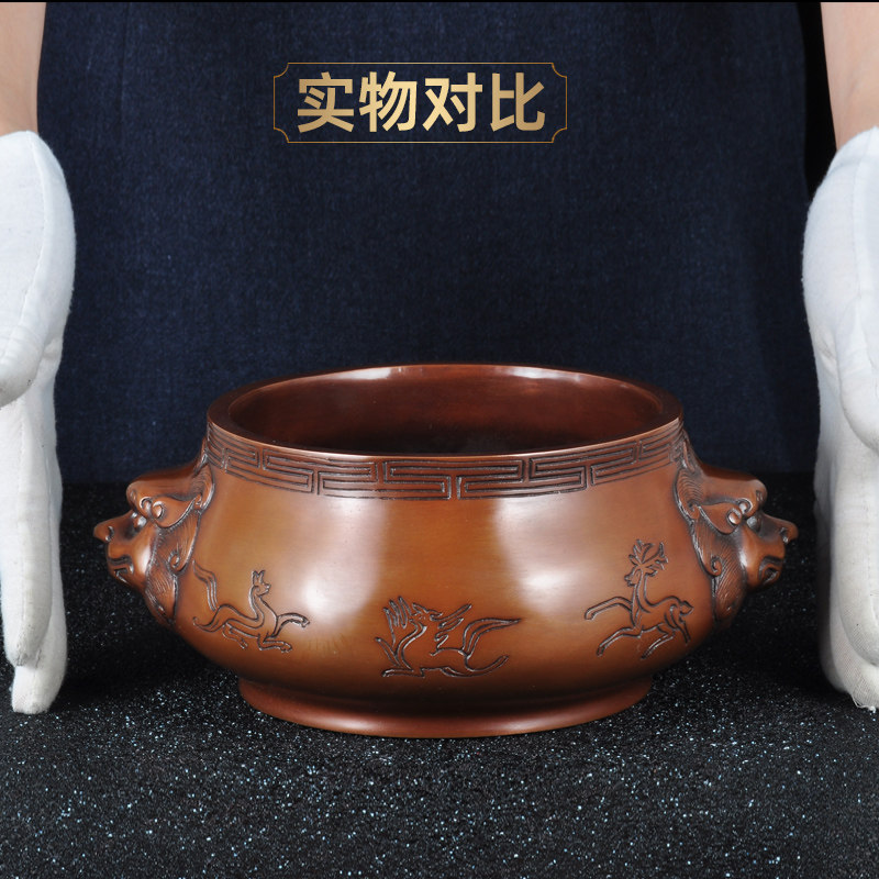 紫铜狮头兽耳动物图饰家用香炉香炉佛堂香炉摆件铜线寺庙插供奉