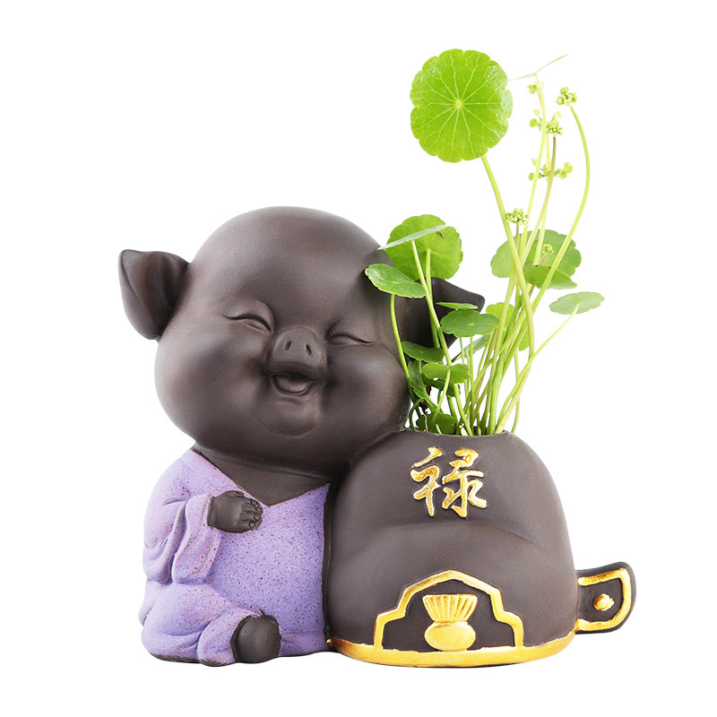 中国风卡通小猪紫砂绿萝铜钱草水培花盆创意个性水养鲜花花器陶瓷
