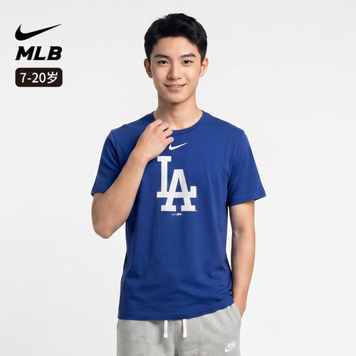 Nike耐克 MLB联名洛杉矶道奇队舒适圆领短袖T恤蓝色LA青少年男女