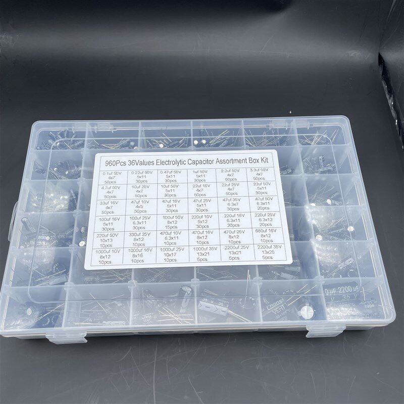 36种容值(0.1uf-2200uf)1000uf 25V35V插件铝电解电容器盒960PCS