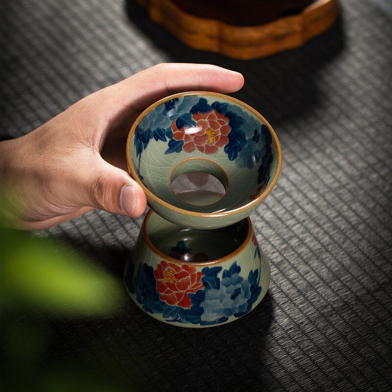 老陶泥柴窑高档茶漏手绘牡丹茶隔过滤网釉下五彩青花茶虑茶道零配