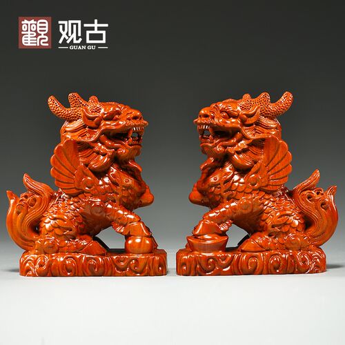 花梨木雕麒麟摆件一对木制家用办公室客厅卧室装饰工艺品开业送礼