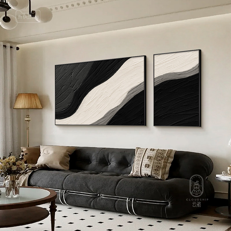 现代简约高级感客厅双联感肌理装饰画沙发背景墙新款黑白2024挂画