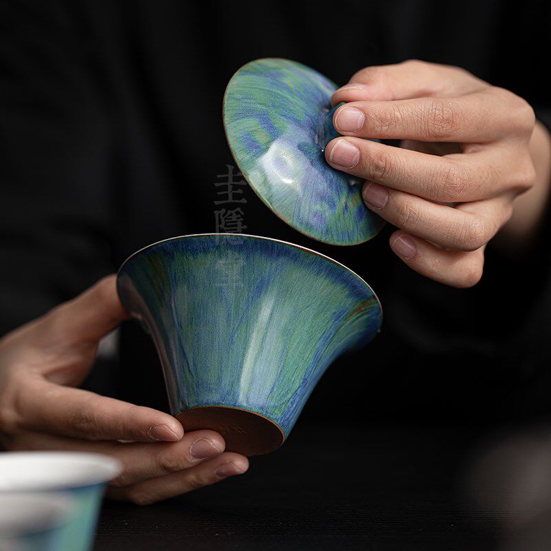 圭隐堂官绿粗陶盖碗日式侘寂风家用泡茶碗复古分茶器防烫手抓碗