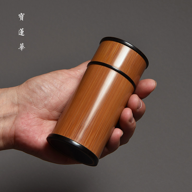 老玉竹镶檀木带内盖拔口竹罐 竹茶叶罐 香粉罐便携竹制茶叶筒茶盒