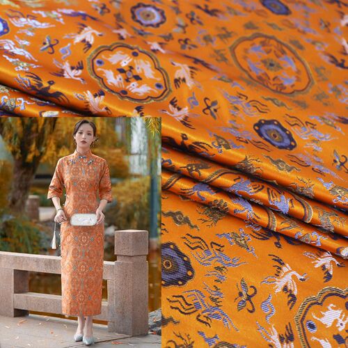 《FS040鹤鹿同春》仿宋锦旗袍汉服外套布料新中式敦煌系锦缎布料