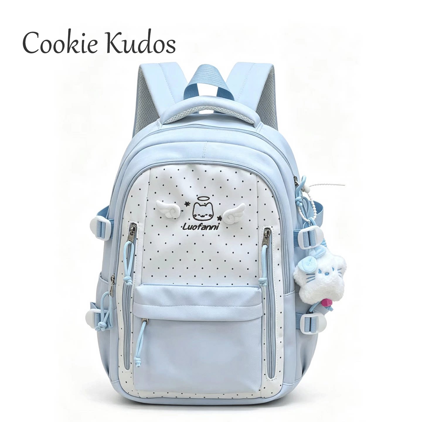Cookie Kudos可爱猫咪双肩背包女初高中学生书包蓝色波点卡通背包