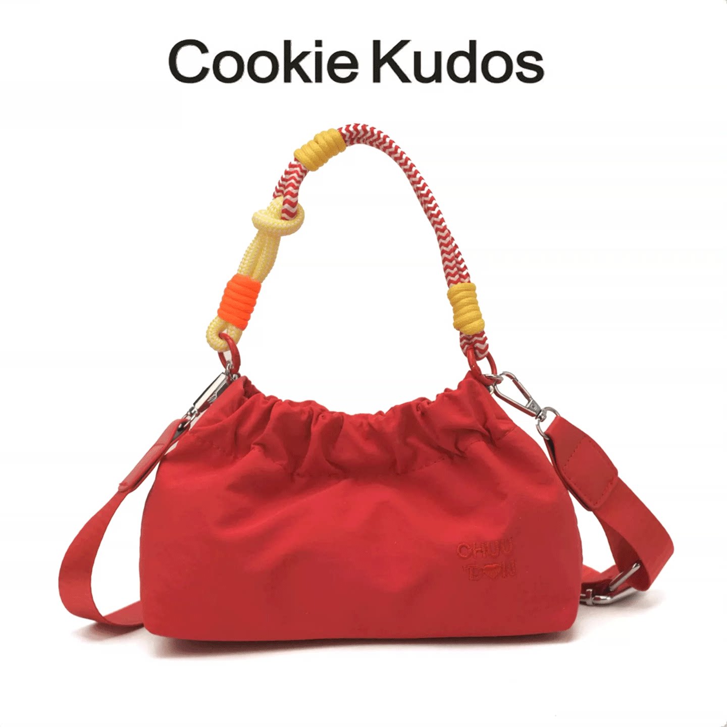 Cookie Kudos超火小众红色尼龙布水桶包女抽绳束口百搭单肩斜挎包
