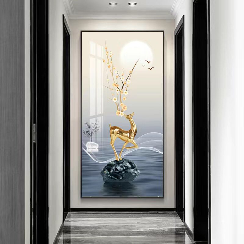 福禄进门现代简约玄关装饰画墙壁挂画麋鹿入户走廊画道大气客厅过