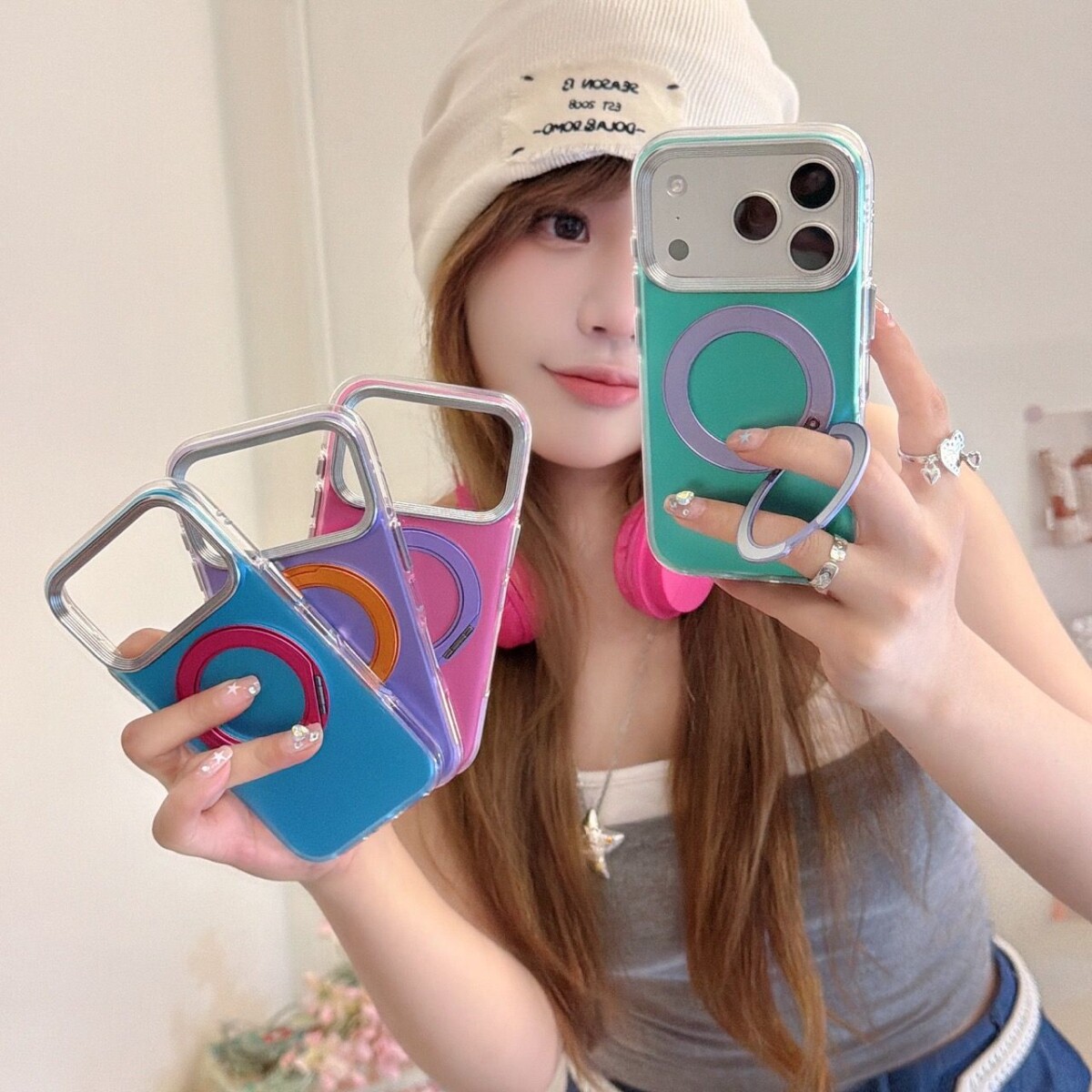 透银底撞色圈4色适用苹果17promax手机壳iPhone16女新款个性防摔