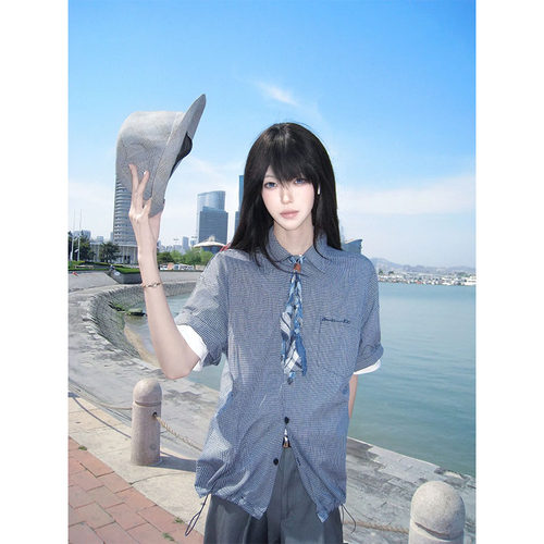 蓝色格子衬衫短袖男女夏季少年感酷帅穿搭韩版学院风半袖衬衣上衣