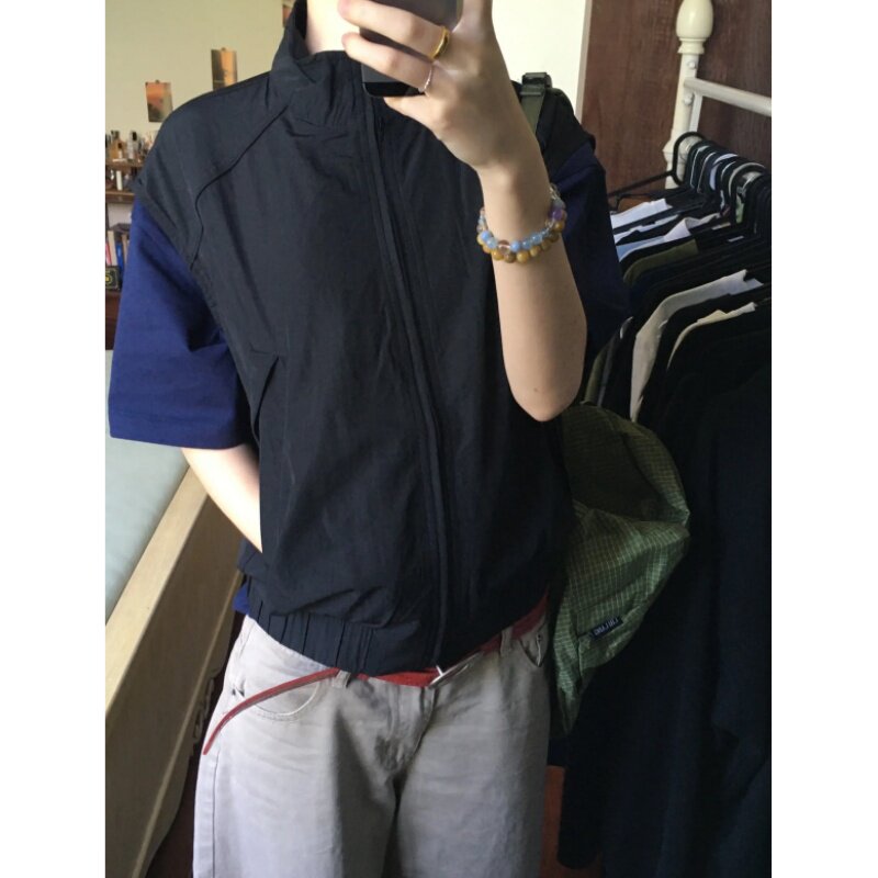 老钱风亚麻轻薄透气拉链坎肩马甲男女百搭简约cleanfit半袖上衣潮