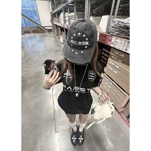 FARSTA美式复古网眼短袖男女刺绣标语logo正肩宽松运动潮流球衣