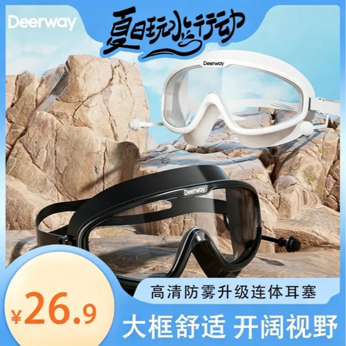 deerway/德尔惠成人大框护目连体耳塞游泳镜高清防雾男女潜水镜