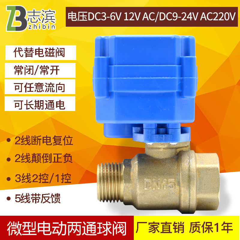 微型电动球阀电动二通阀 全铜 内外丝 双外丝DN15 dc12v24v220V