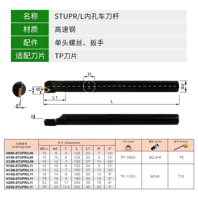 数控车床高速钢内孔车刀杆H08K/H10K/H12M/H16Q-STUPR09/STUPL11