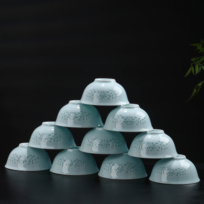 景德镇玲珑瓷釉下彩缠枝莲米饭碗