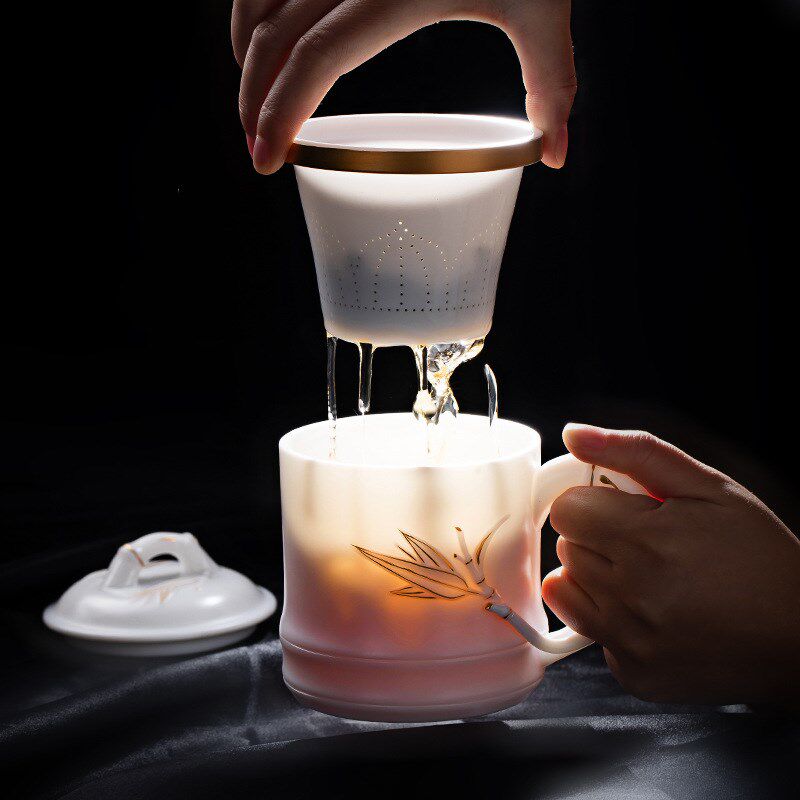 大师张国进羊脂玉陶瓷功夫泡茶杯办公室茶水分离杯带盖过滤办公杯