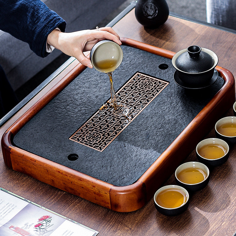 简约家用长方形实木乌金石茶盘小型储水式排水两人用简易迷你茶台