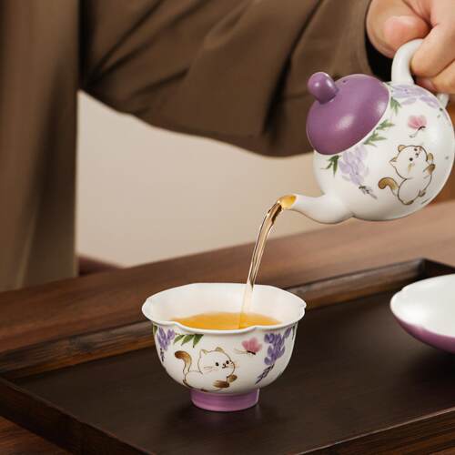 初伍手茶绘紫人XYDP3270藤咪猫茶杯高档陶瓷主人杯女士个专用品茗