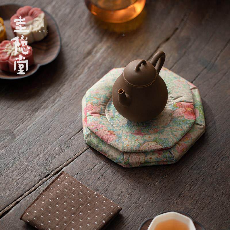 用圭隐布艺八角堂中式国手作织锦布艺八角茶托承家隔热垫茶具壶防