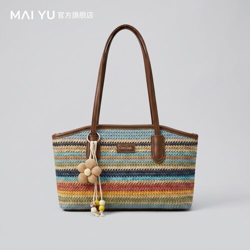 MY彩虹编织包包女2026新款夏时尚草编单肩腋下包大容量手提托特包