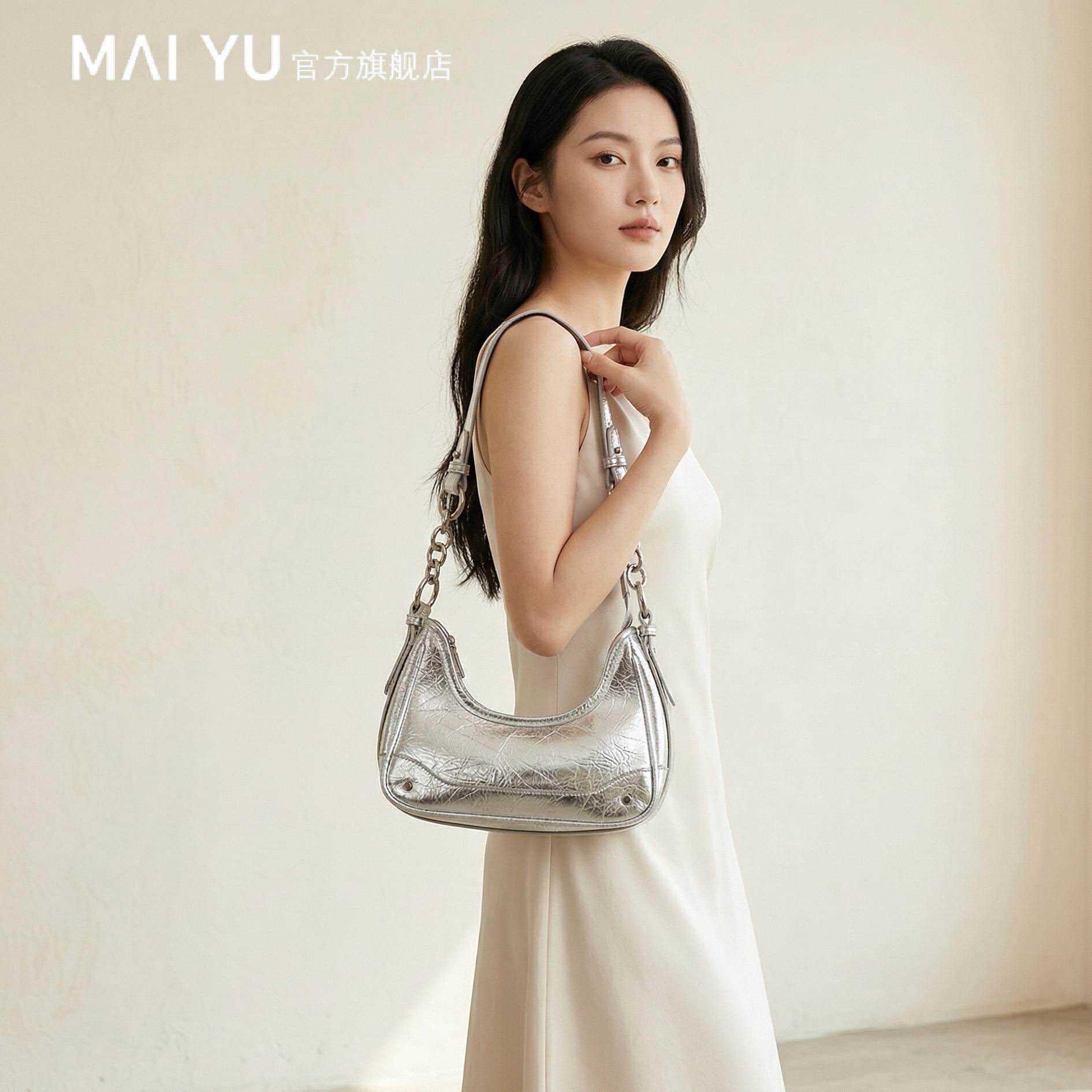 MY银色女包2026新款小众手提链条法棍腋下包高级感百搭单肩斜挎包