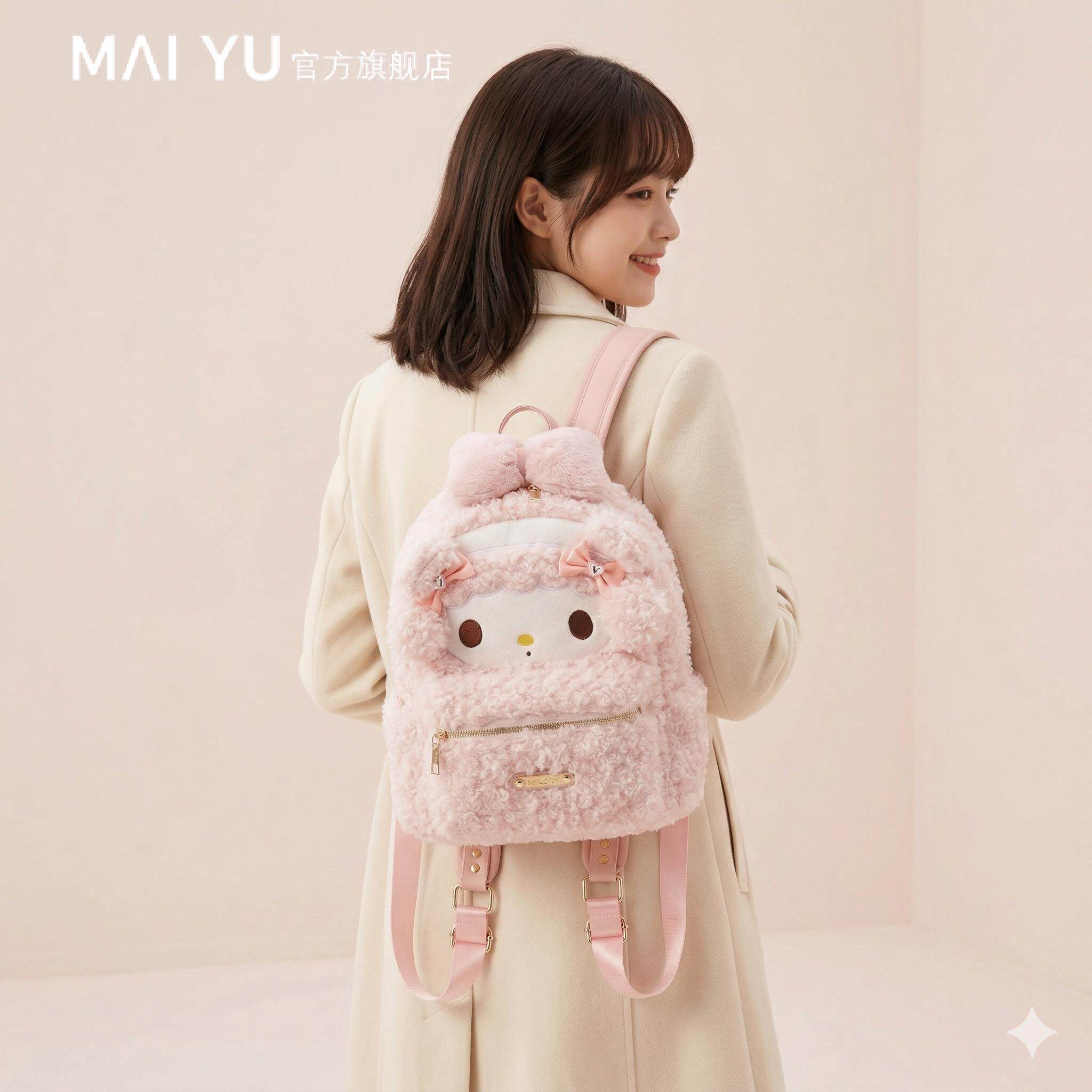 MY新款可爱猫咪粉色双肩包女士大容量书包毛绒日系ins风背包