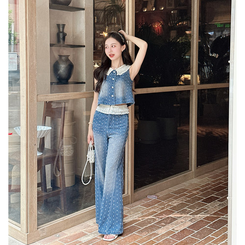 【卡伦画展】小个子改版夏季复古气质时髦上衣蕾丝微喇裤套装女