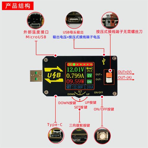 数控USB彩屏电源升降压模块恒压恒流5V转9V12V24VUSB升压线XY-UDP