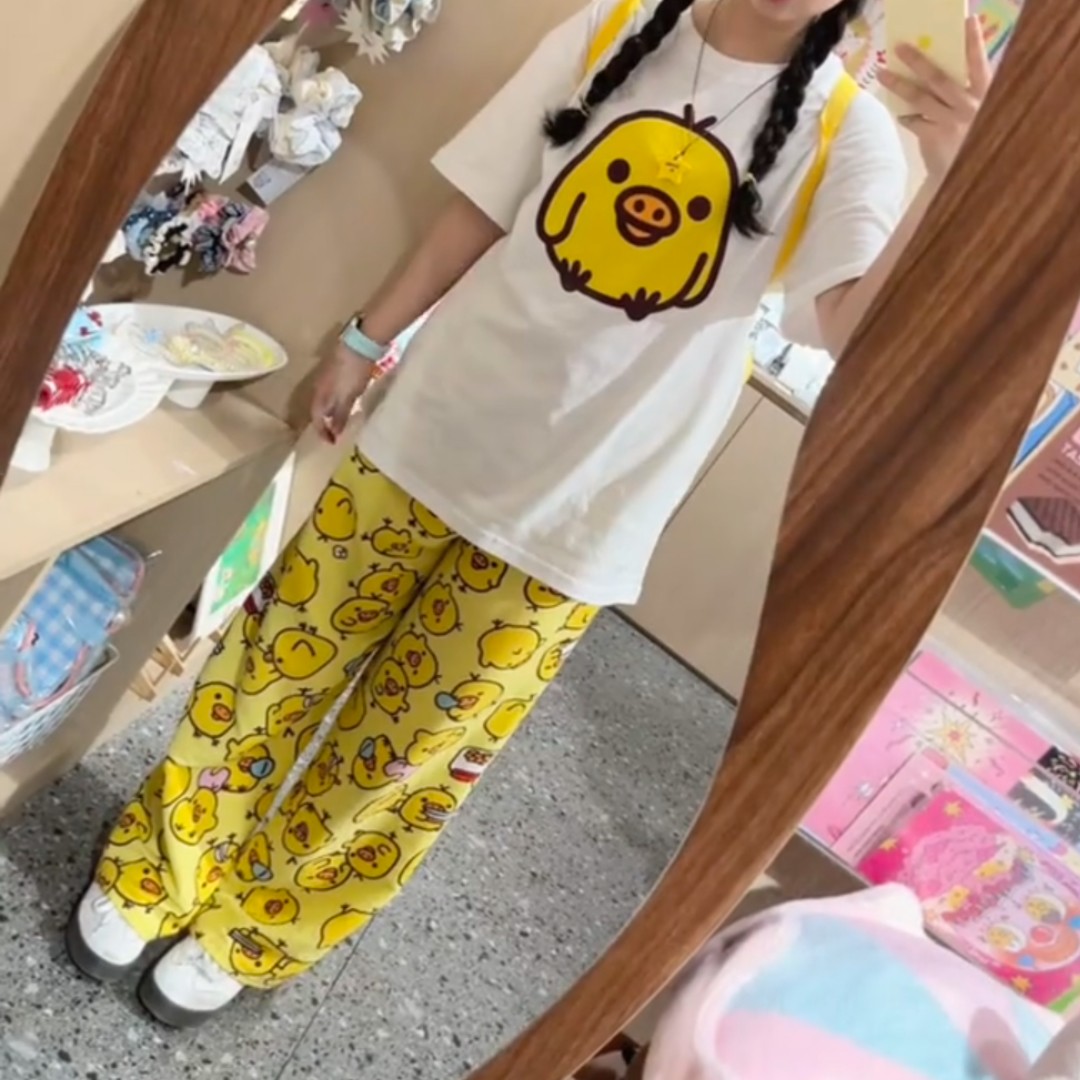 鼻孔小鸡圆领上衣+云朵棉裤子套装可爱短袖长裤宽松百搭家居服