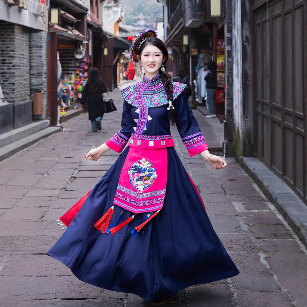 2026新款毛南族服装成人花竹帽女广西表演服旅拍男日常少数民族传