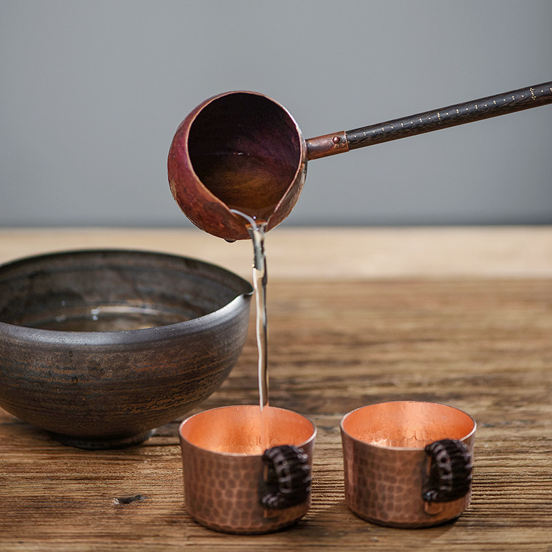 中式手工铜分茶勺实木茶具功夫长柄配件煮茶勺子复古勺茶茶舀家用