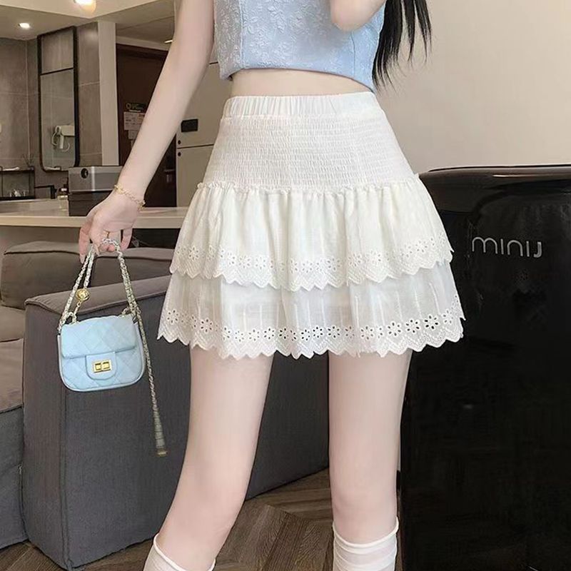 白色高腰显瘦蕾丝蛋糕半身裙