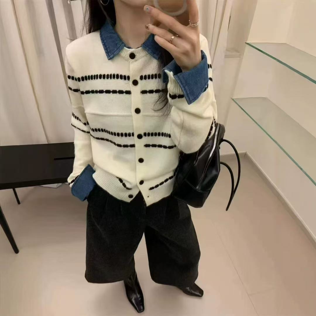 早春韩版条纹衬衫领假两件开衫