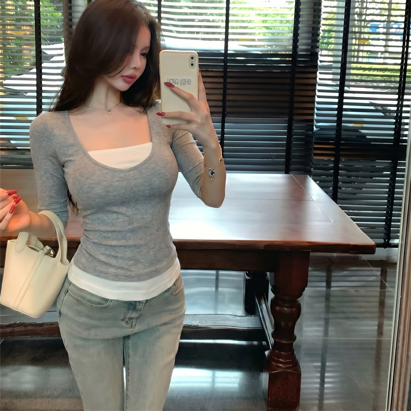 韩系甜美假两件修身中袖T恤女