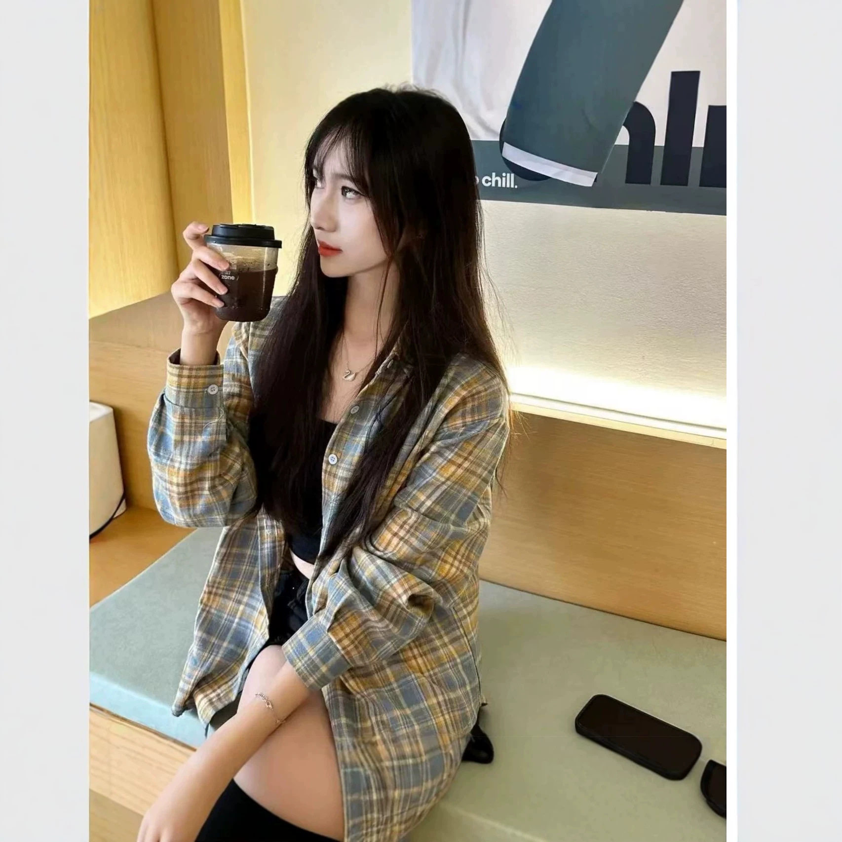 多巴胺轻奢春秋格子宽松显瘦衬衫