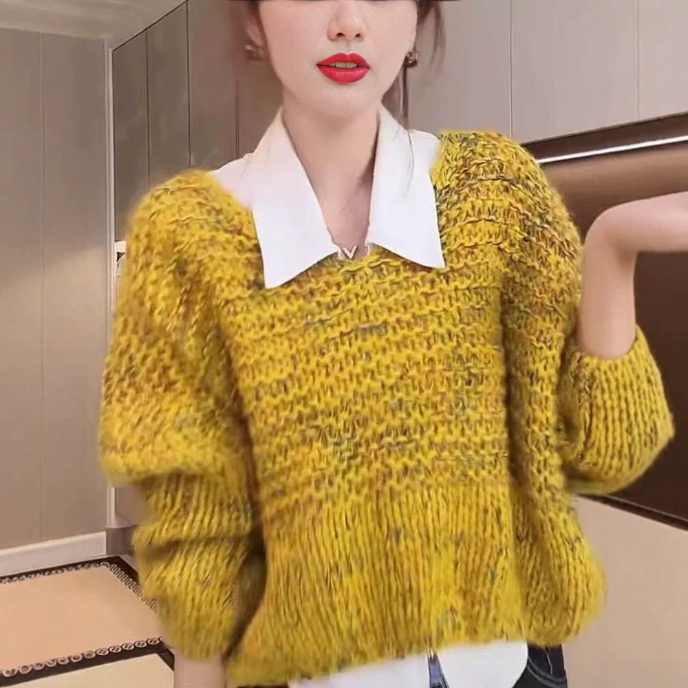 韩系V领短款马海毛毛衣女秋冬