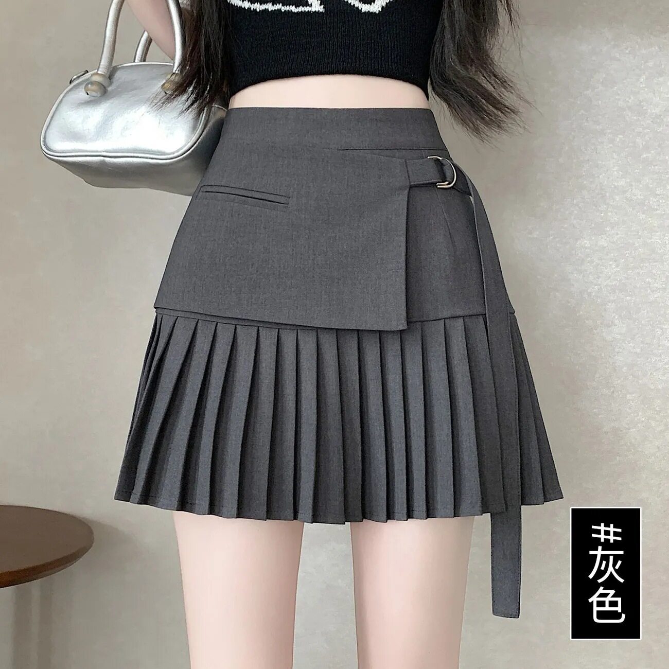 假两件高腰A字百褶显瘦半身裙