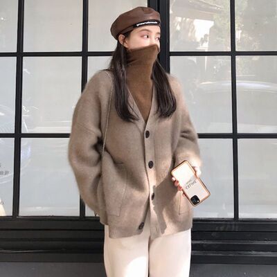 学院风宽松短款提花开衫毛衣