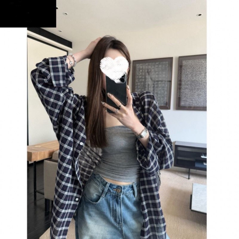 韩系宽松格纹防晒衬衫女开衫