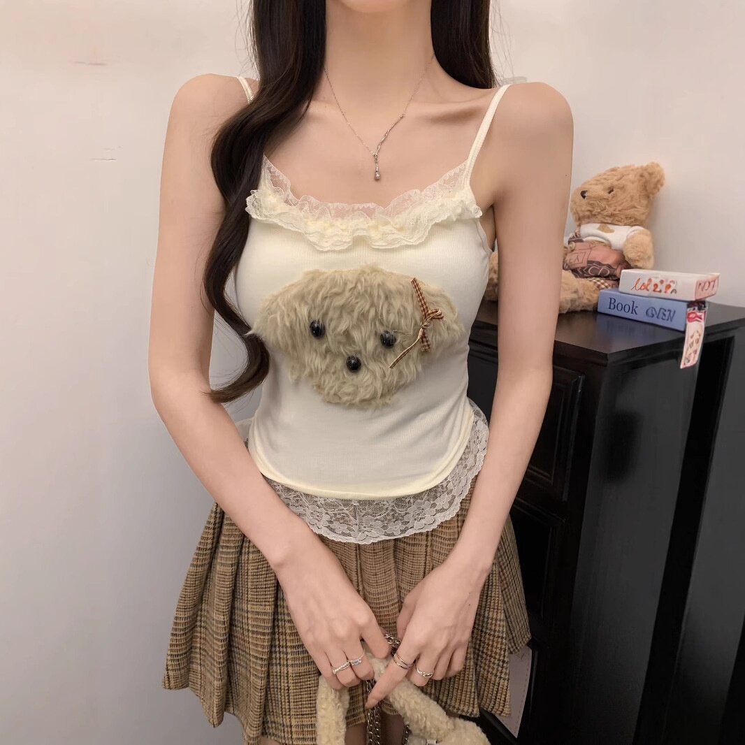 秋冬甜美毛绒小狗蕾丝吊带背心