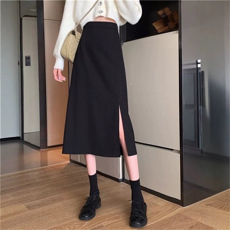 黑色开叉高腰显瘦大码A字半身裙
