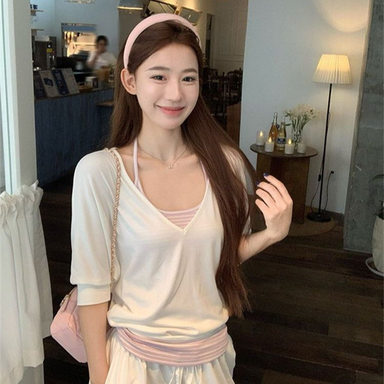 夏季甜美V领条纹T恤吊带两件套