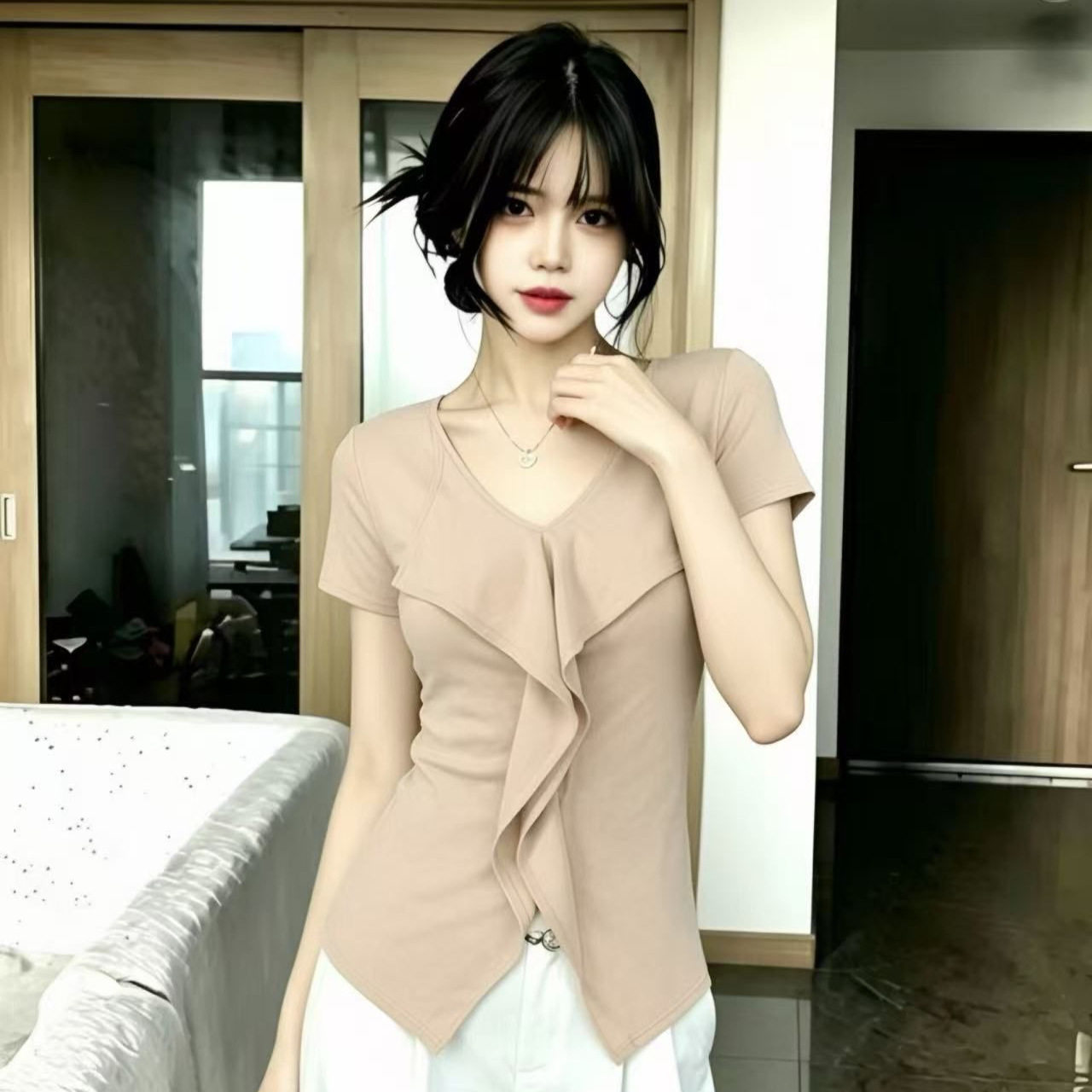 夏季甜辣风V领荷叶边显瘦T恤女