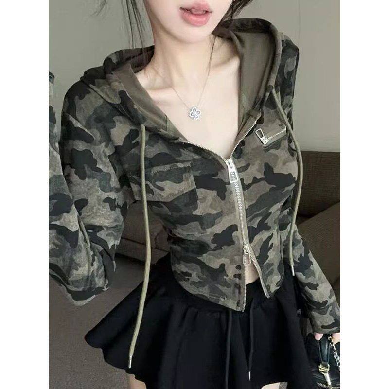 美式复古迷彩工装连帽短外套女