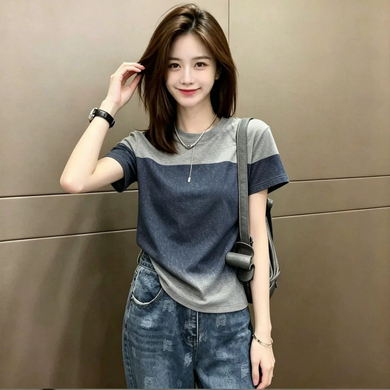 撞色渐变水柔棉氨纶短袖T恤女