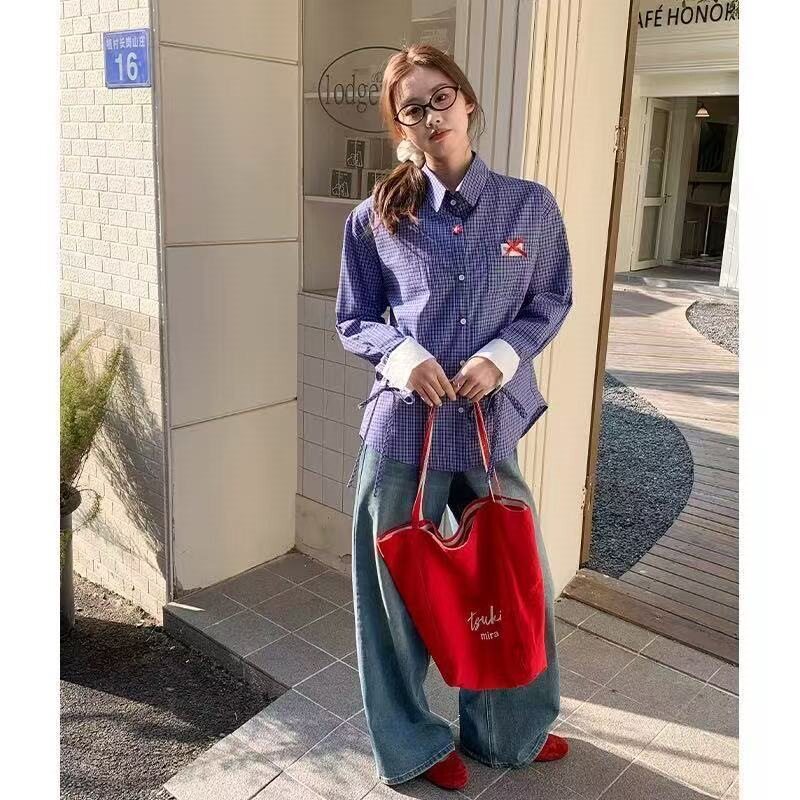 港风宽松蓝色格子长袖衬衫女