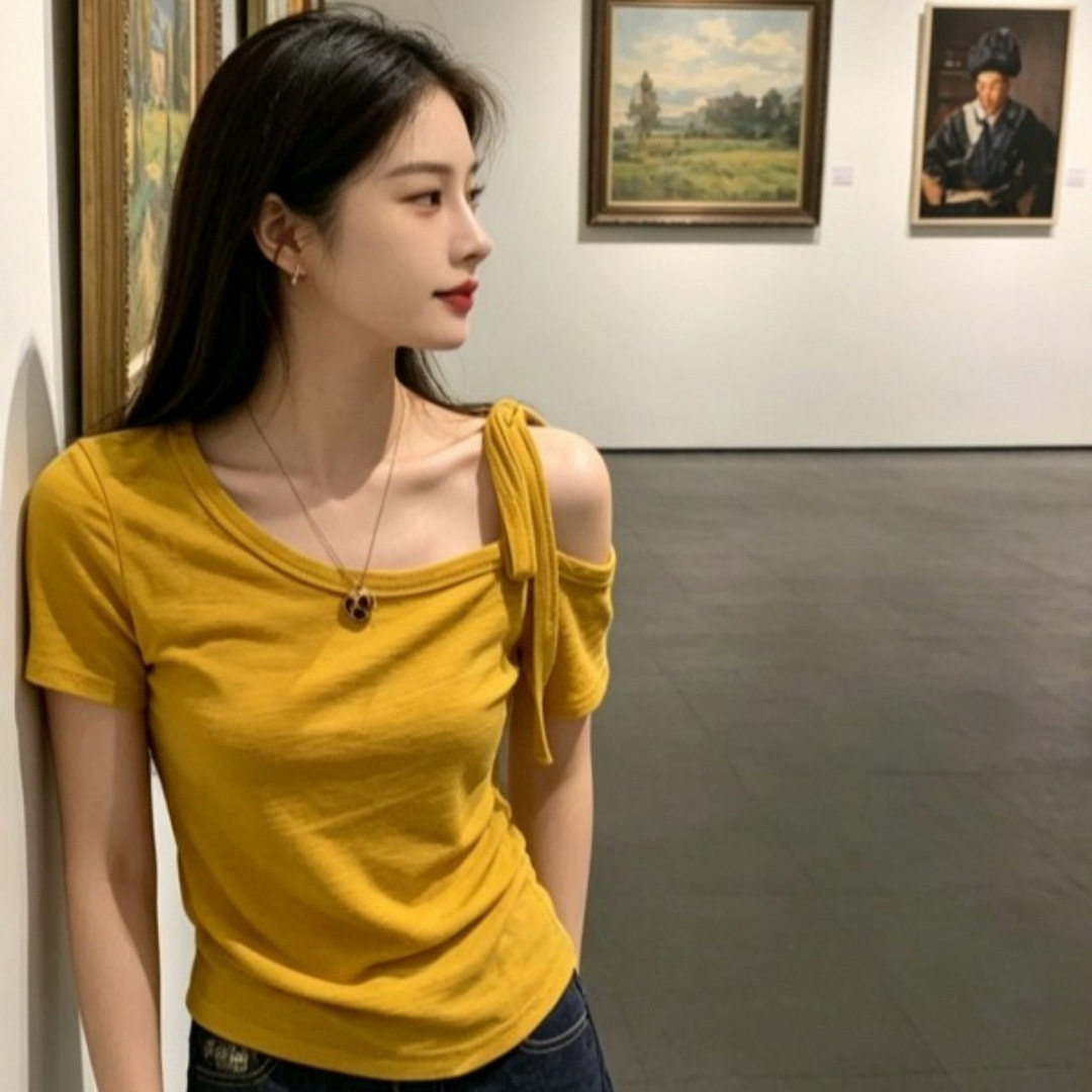 夏季甜美斜领露肩显瘦短袖T恤
