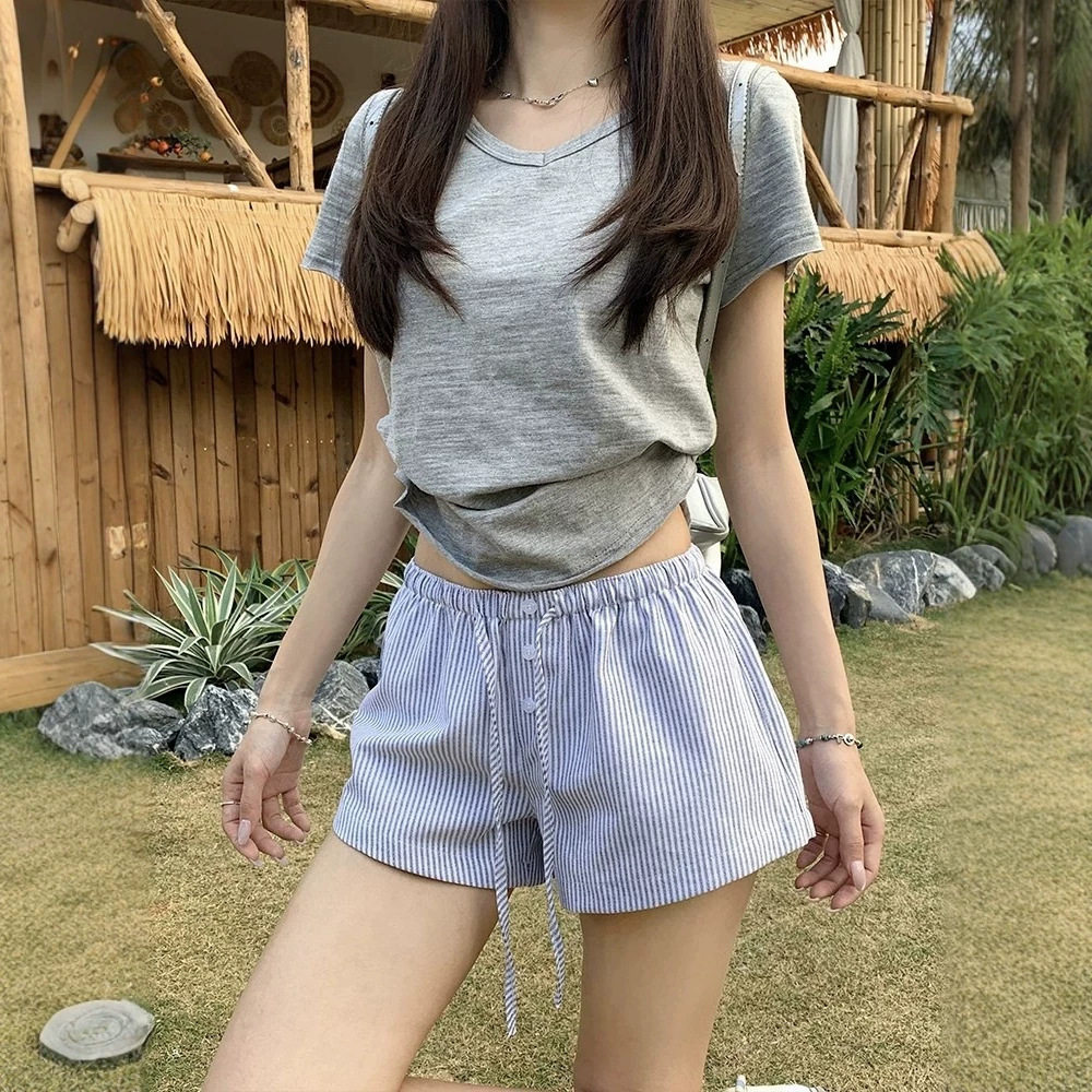 夏季纯欲条纹松紧显瘦直筒短裤
